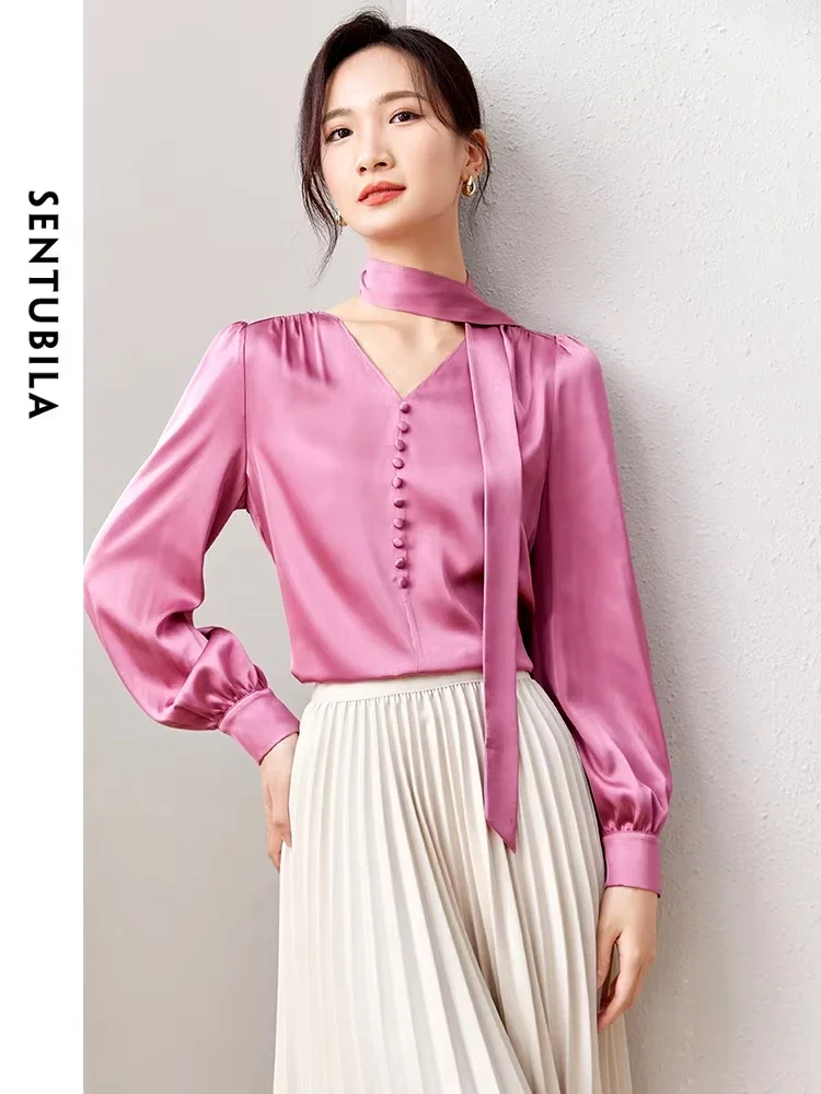 SENTUBILA Autumn Satin Blouse Women High Quality 2024 Elegant Ladies Lace-Up Long Sleeve Temperament Shirt Female Top 133V50405