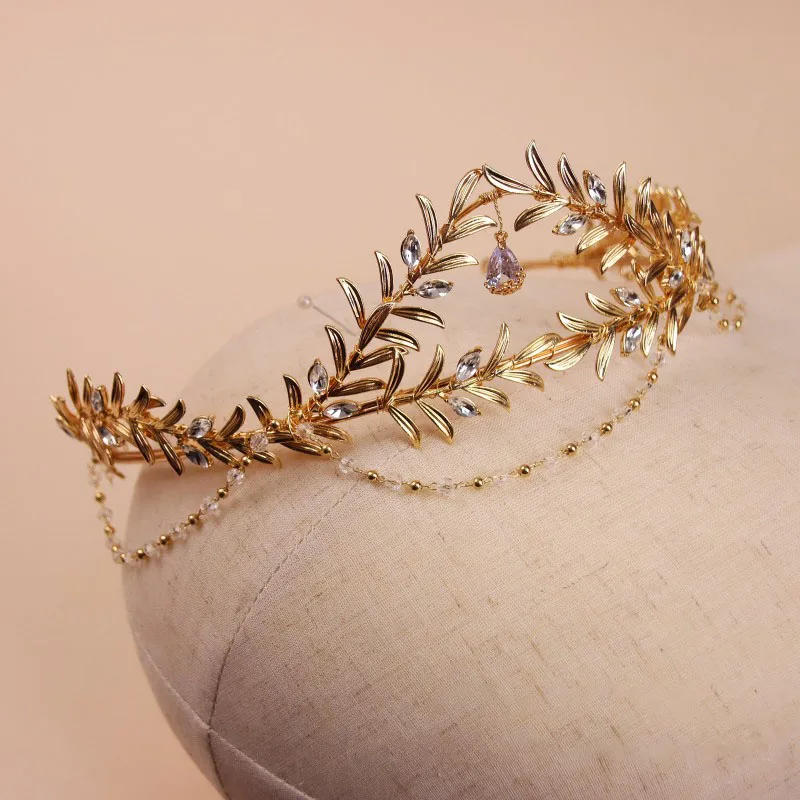 Gold Color Leaf Wedding Crown Women Prom Hairband Bridal Forehead Tiara Bride Hair Piece Accessories