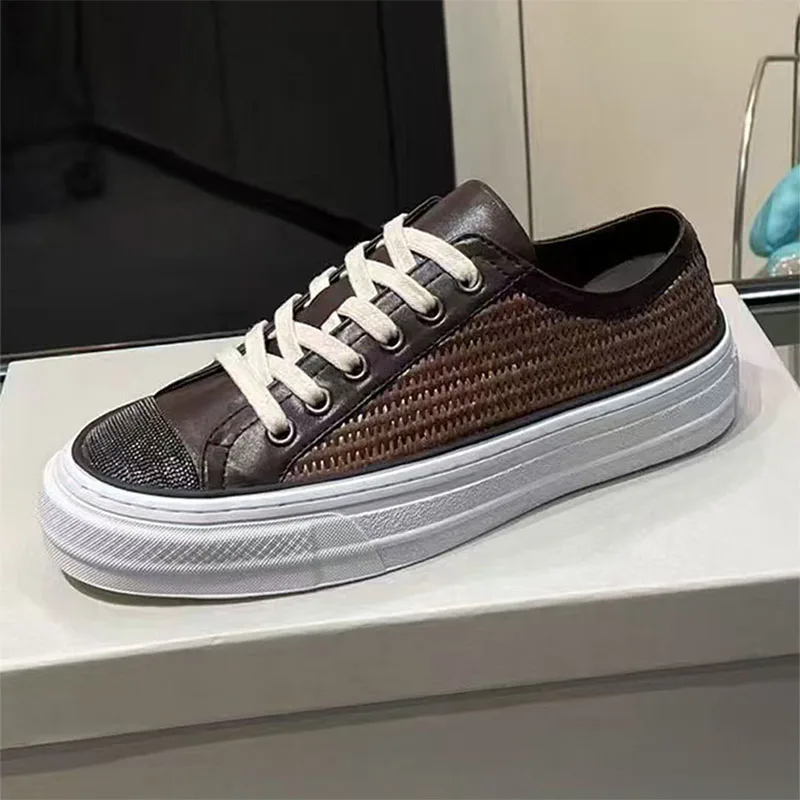 Zapatillas de deporte informales clásicas para mujer, zapatos planos con cordones y punta redonda de cuero genuino, zapatos para caminar de retales trenzados para mujer