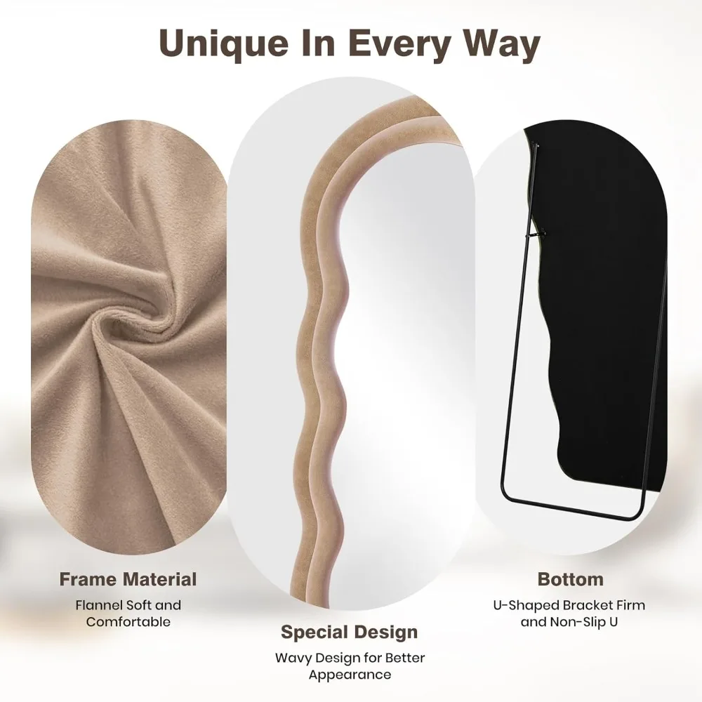 Gewölbter, gewellter Ganzkörper-Bodenspiegel zur Wandmontage, 63 x 24 Zoll, hängende Wand, Milchteeflanellrahmen, Ständer im Lieferumfang enthalten, voll