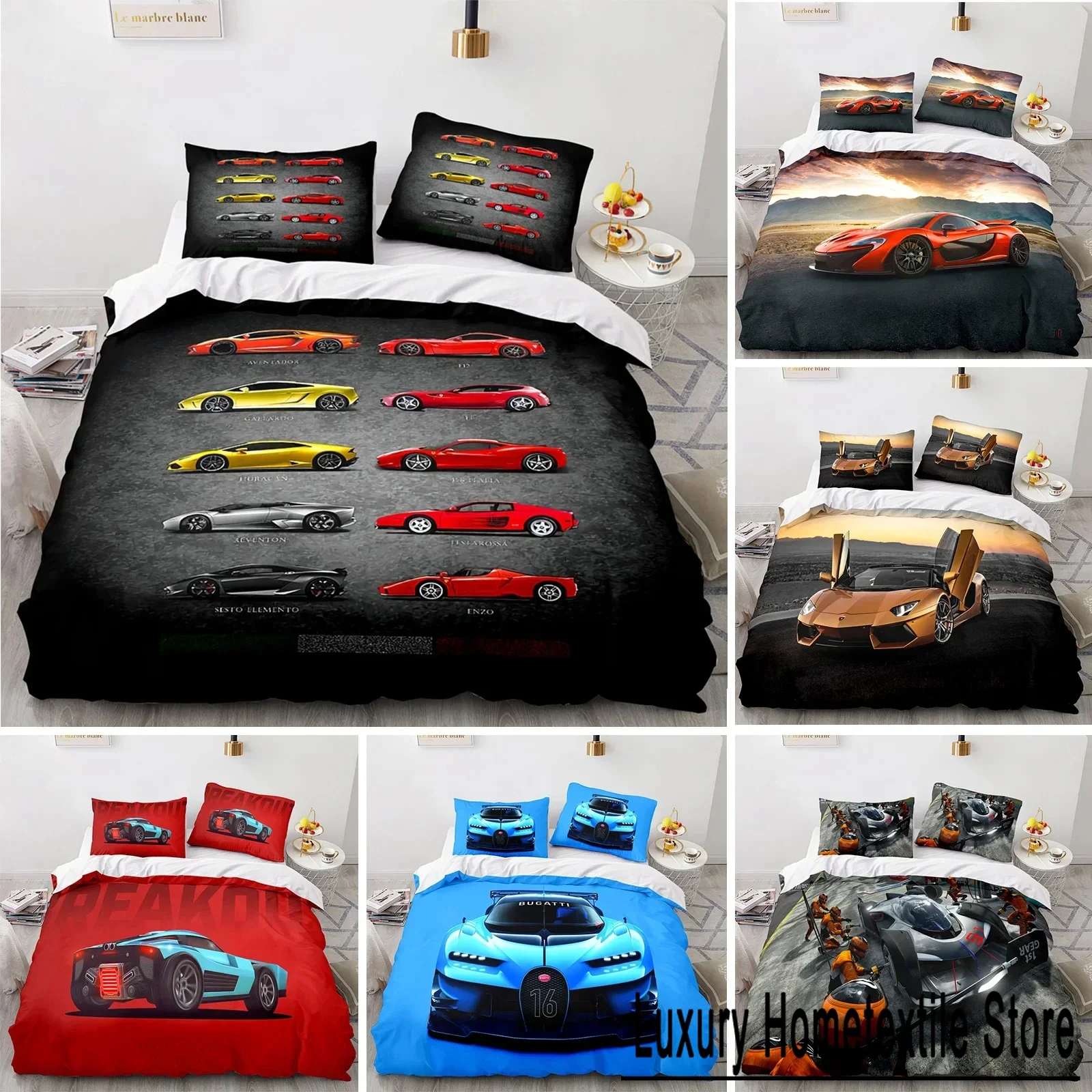 Sports Car King Queen Duvet Cover Cool Colorful Supercar Pattern Bedding Set for Men Adult Race Car 2/3pcs Polyester Quilt Cover