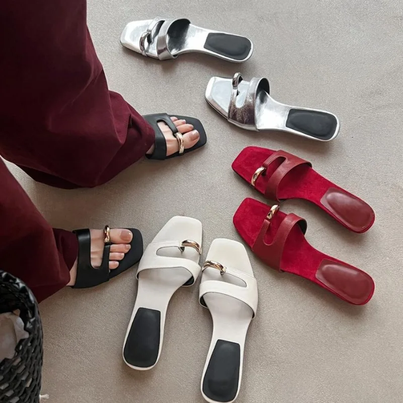 

Women Slippers Metal Buckle Design Flat Bottom Slippers French Temperament Square Head Women Slides Summer New Casual Flip Flops