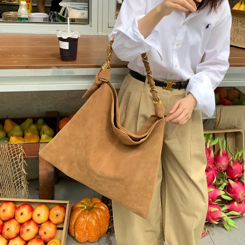 

Модная женская замшевая сумка в винтажном стиле, повседневная дизайнерская цепочка, большая вместительная дорожная сумка в форме ведра, через плечо, через плечо Ba