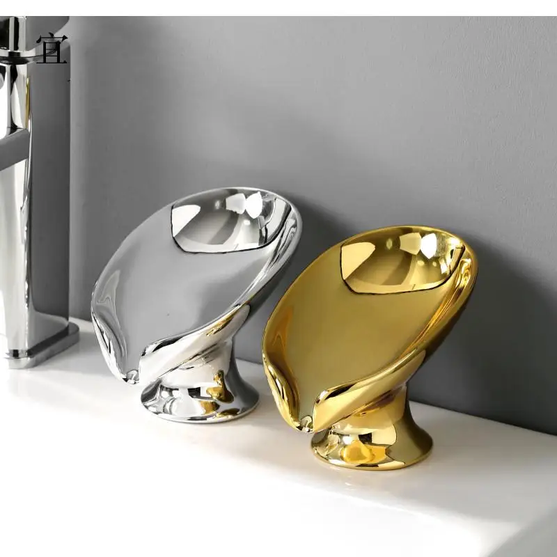 Bathroom Storage Soap Box Gold and Silver Ceramic Washbasin Drain Holder No-Punch Dish Accessories