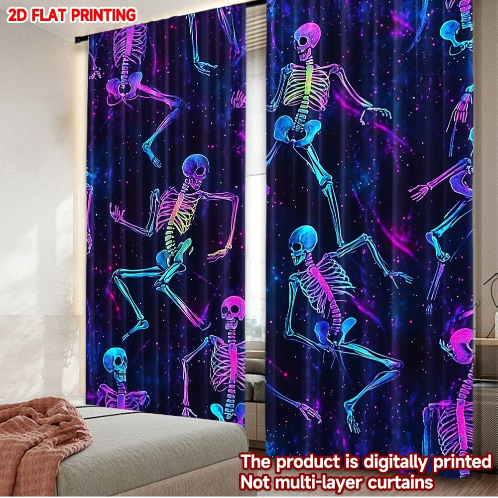 2D flat printing 2pcs Curtain Curtains Halloween Dancing Skeletons Digital Printed Polyester Drapes Holiday Decorations for