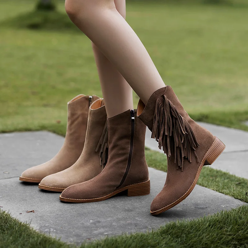 

Tassel Design Retro Women's Ankle Boots Cow Suede Side Zipper Woman Knight Boots 2024 Autumn Winter New Female High Heels Shoes