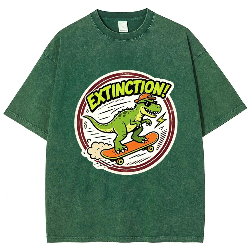 Acid Washed Graphic Tee for Men Women Cool Skateboard Dinosaur Extinction Print Vintage Streetwear Loose Fit Casual Top