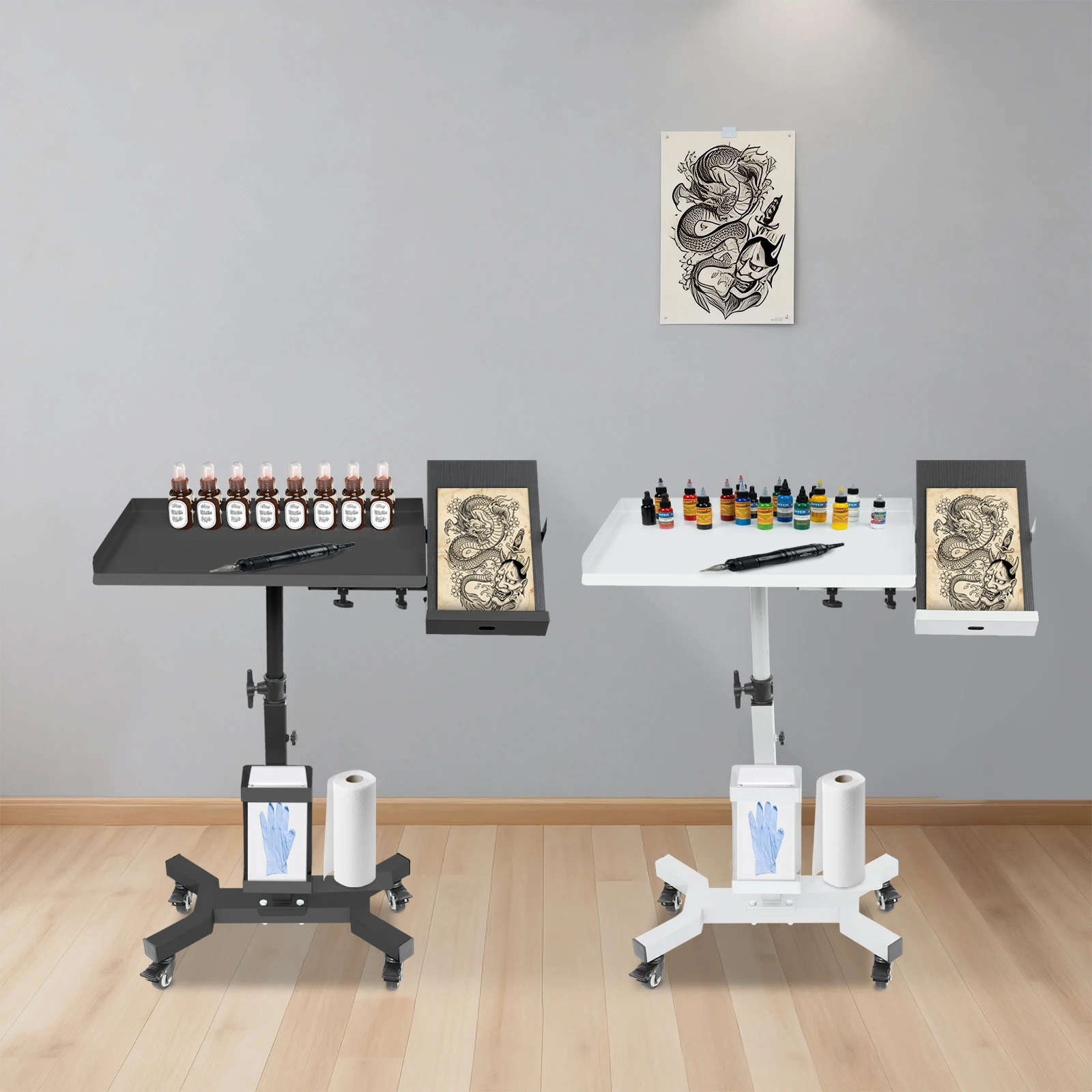 

Tattoo Tray Cart on Wheels, Folding Hand Truck Mobile Workstation, Portable Tattoo Artist Tool Organizer W/ Storage Shelves