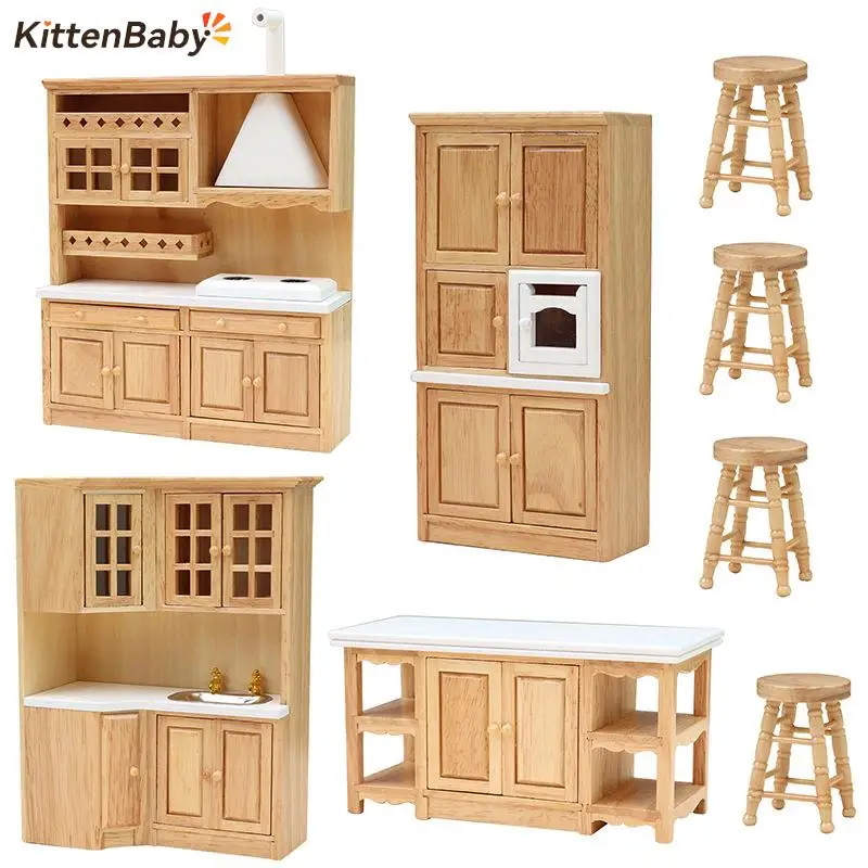 

1Pc/1Set 1:6 1:12 Dollhouse Miniature Kitchen Furniture Sink Cabinet Stove Cabinet Cupboard Cooking Table Stool Model Decor Toy