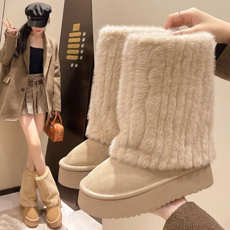 Hairy snow boots for women in winter 2024, new thick soled height increasing midsole boots with plush and thick cotton shoes