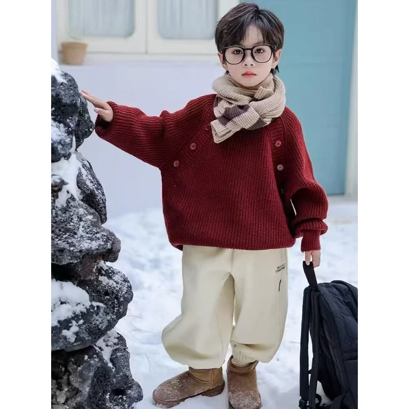 Boys' Sweater 2025 New Children's Autumn and Winter Handsome Hooded Knitted Sweater Boys and Girls' Winter Red Christmas Sweater