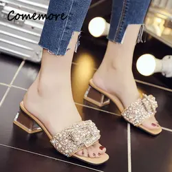 Comemore 2023 Rhinestone Sequins Designer Slides Luxury Non-Slip Square Heel Women Slippers Fashion New Butterfly-knot Sandals