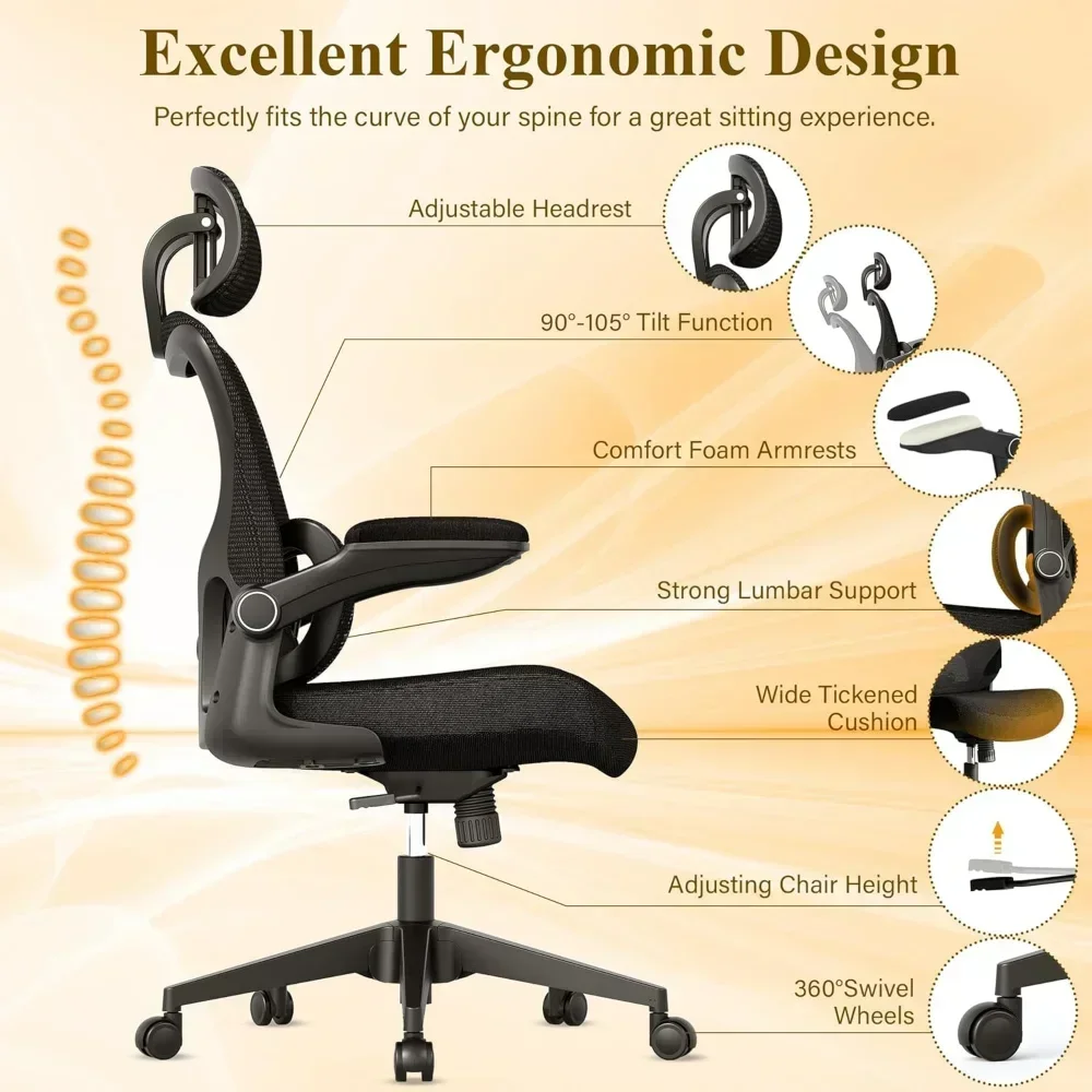 Ergonomic Mesh Office Chair, High Back Desk Chair with Adjustable Lumbar Support, Flip-Up Armrests, Headrest, Swivel