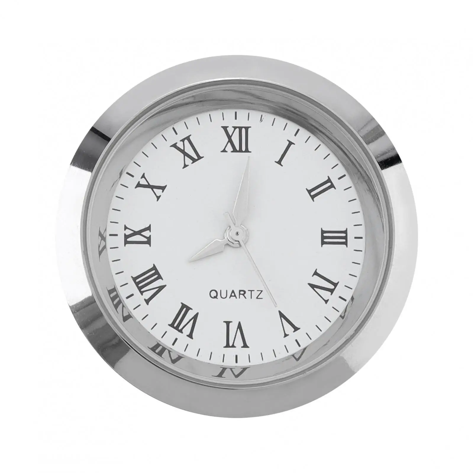 1-1/2inch (37mm) Quartz Movement Round Mini Clock Insert for 35mm Diameter Hole with White Face,Roman Numerals,Silver Tone Bezel