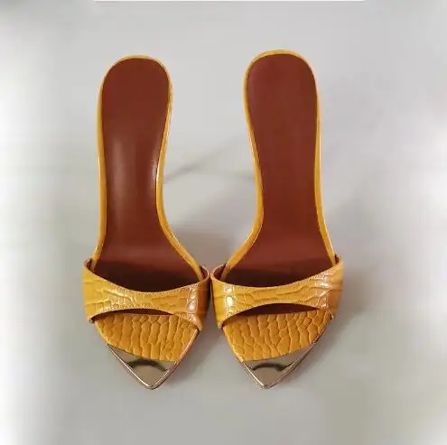 Size 47 Woman Sexy Yellow Pink Red Snakeskin Leather Gold Metal Pointed Open Toe One Line Slip On Stiletto Heels Slide Slippers