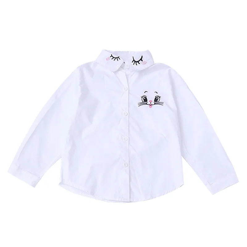 Autumn Back To School Shirts for Student Girls Princess Clothes Kids Long Sleeve White Blouse Cartoon Cat Flower Embroidery Tops