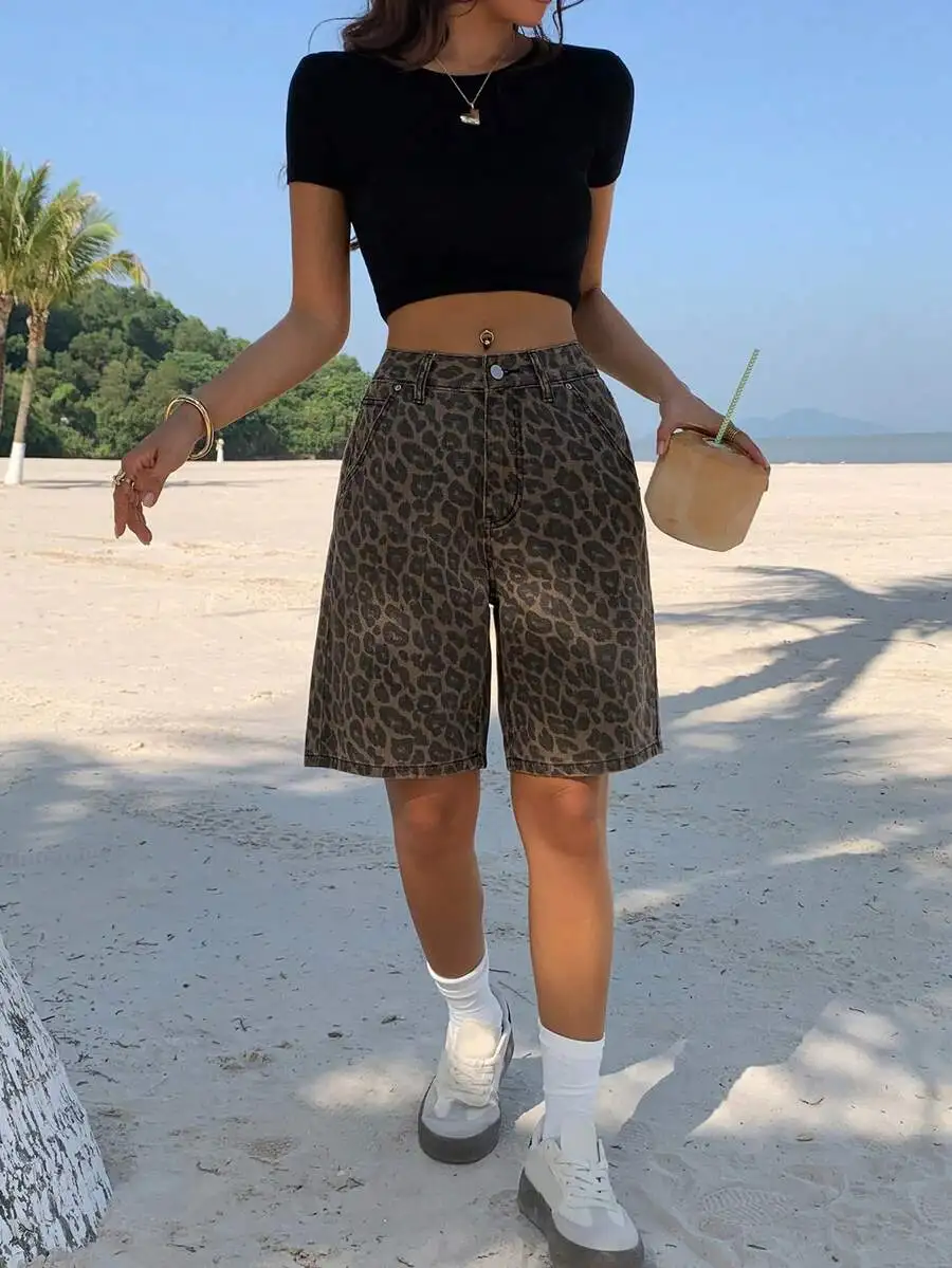 Womens Leopard Print Bleached Straight Denim Shorts