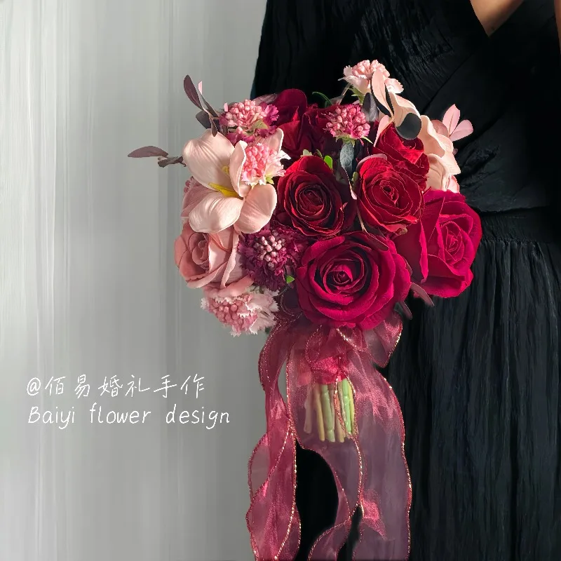 Bridal wedding bouquet simulation flower red rose pink DIY kiss gift photography props travel photography Chinese dress