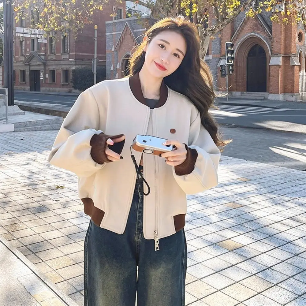 Womens American Varsity Bomber Jacket Spring Autumn Casual Short Coat Female Streetwear Colorblock Zip Outerwear