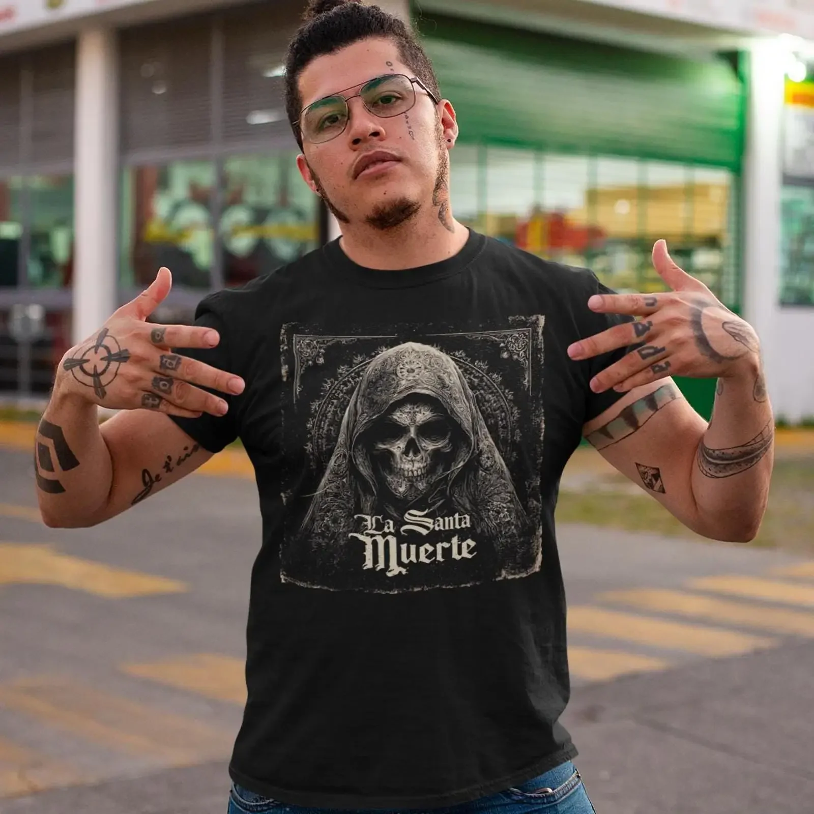 Santa Muerte Gothic T Shirt Grim Reaper Dia de los Muertos Mexican Folk Art Skeleton Top vintage Washed streetwear Versatile