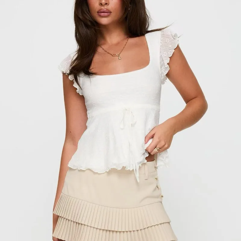 European and American Bubble Ruffled Black Fungus Fringed Half-sleeved Short Top Spring  Summer Slimming Short-sleeved T-shirt A