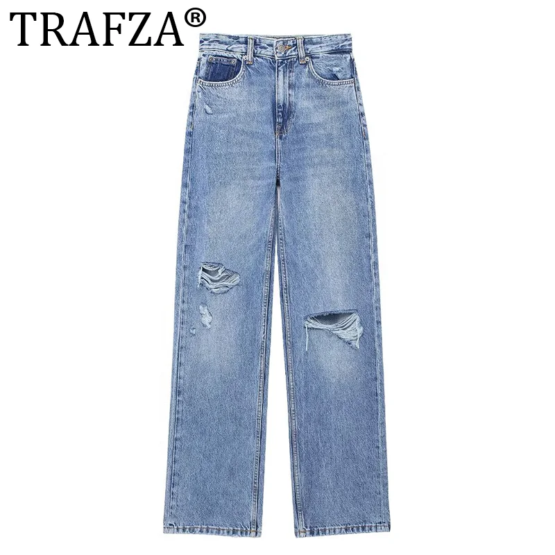 

TRAFZA Women's Hole Decoration High Waist Jeans Fashion Washed Jeans New Straight Commuter Trousers Hundred Wide Leg Jeans