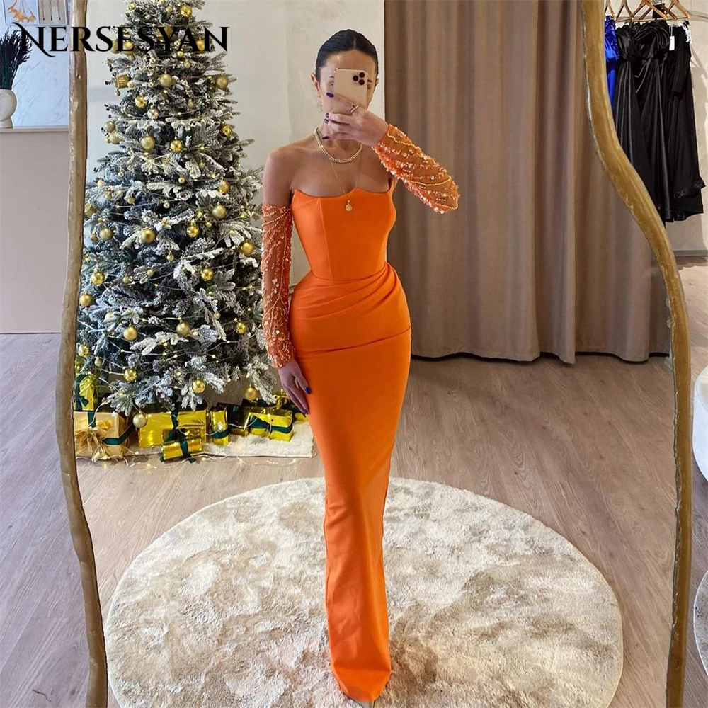 

Nersesyan Glitter Coral Mermaid Evening Dresses Off Shoulder Sparkly Long Sleeves Prom Dress Backless Floor Length Party Gowns