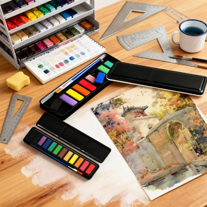 12color Solid Watercolor Paint Not Easy To Waste Portable Durable Outdoor Sketching Travel Painting Illustration Design Manicure