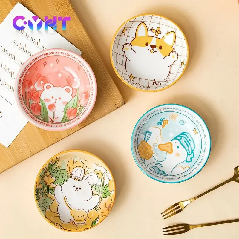 3.5 Inch Japanese Style Ceramic Dessert Sauce Dish Tableware Creative Cute Cartoon Pet Pattern Circular Shape Fruit Sushi Plates