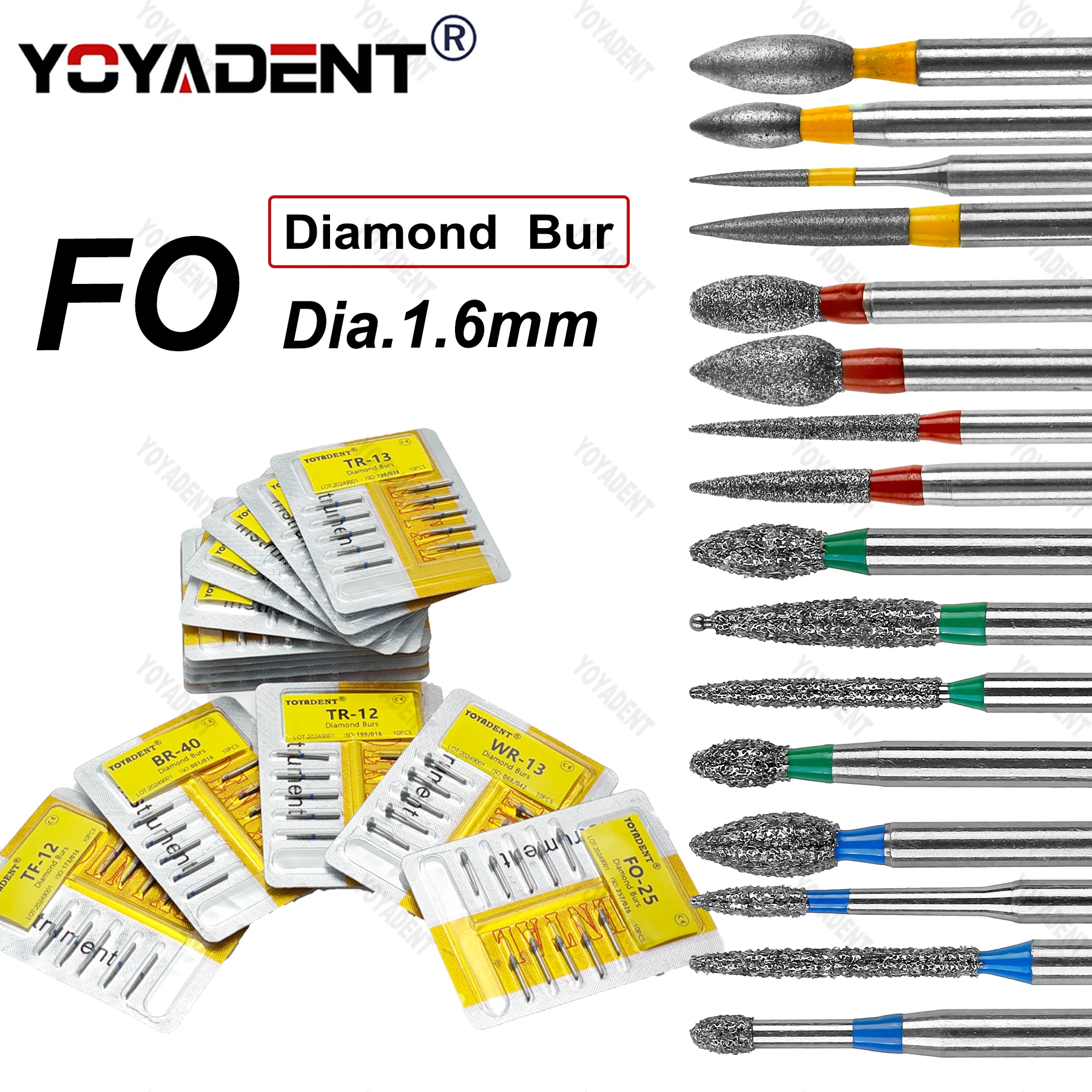 FO Type Fine/Extra Fine/Coarse/Standard Dental Diamond Burs Dentistry Drills For High Speed Turbines Dia.1.6mm 10Pcs/Pack