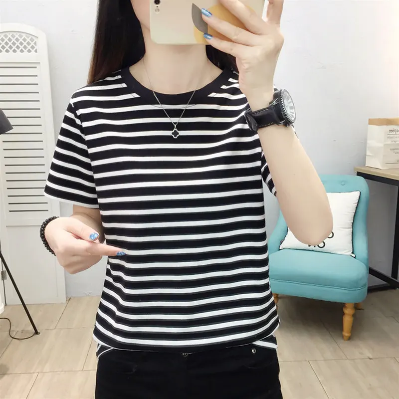 Summer Stripe Short Sleeve T-Shirt Women's Loose Casual Style Mom's Fashion Mid-Year Cotton Polyester Blend round Neck Top