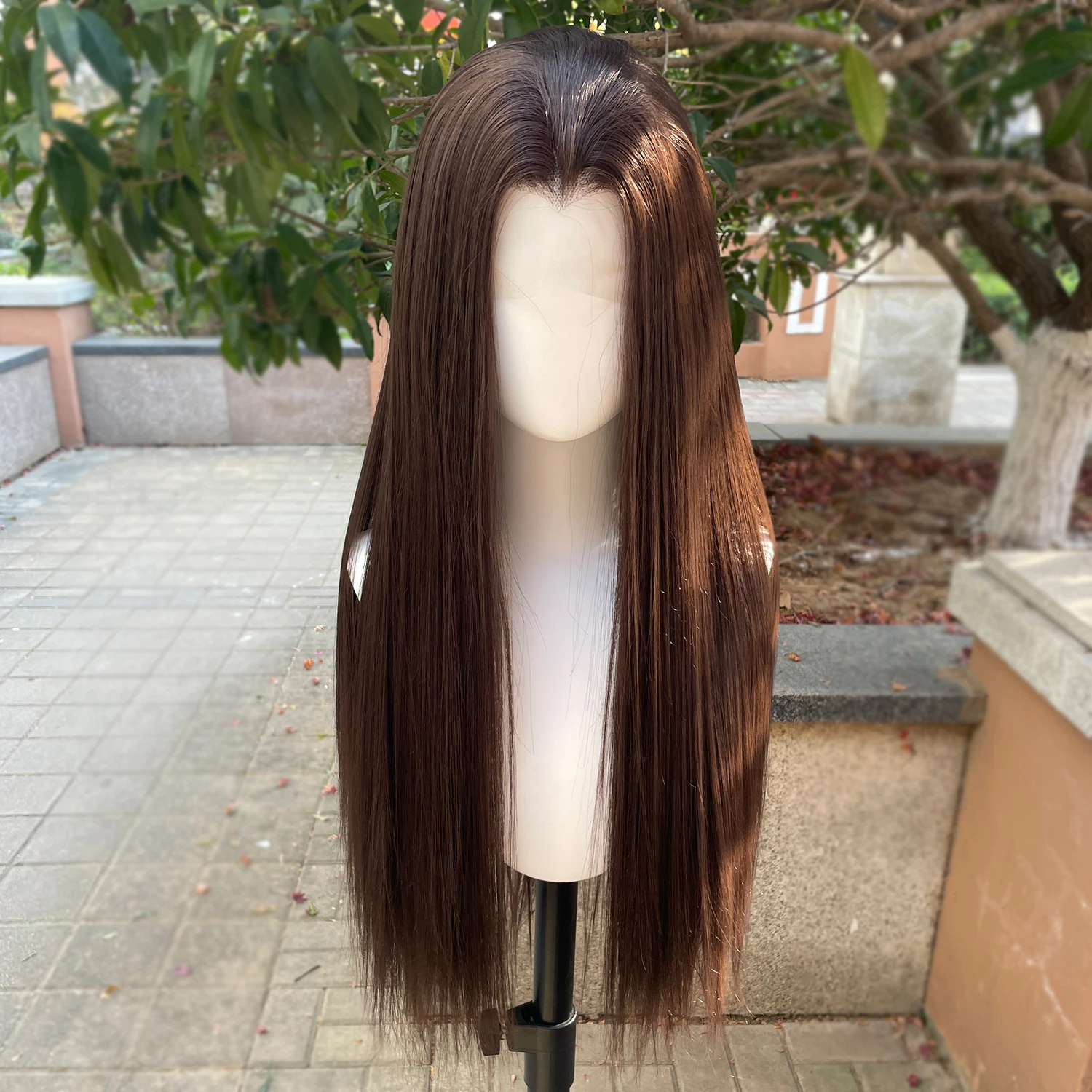 Widow Peak Medium Brown 13x4 Synthetic Lace Front Wigs for Women 26 Inch Long Straight Synthetic Wigs Widow's Peak Cosplay Wigs