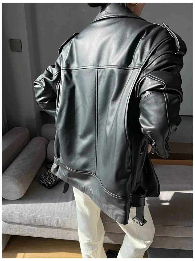 Oversize Mid-length Genuine Leather Jacket for Women 2024 Trend High-end Autumn Winter Motorcycle Sheepskin Coats