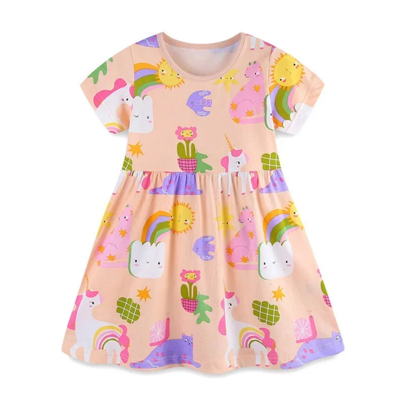 

Cartoon Printed Summer Short Sleeves Dress for Kids Girls Cute Floral Home Party Casual Coolin Dress for Princess 3-12Y Children