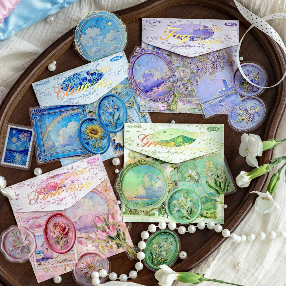 15Pcs/Bag Retro Simulation Oil Painting Stickers Hot Stamping Aesthetics Flower Stickers Set Scrapbook Romantic Decoration