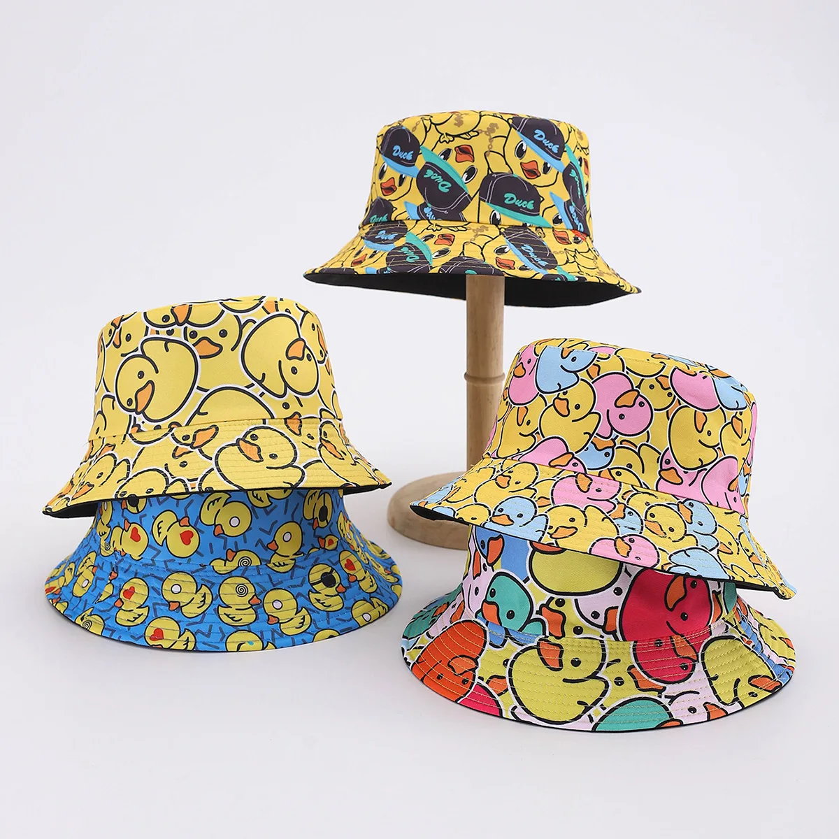 Double Sided Bucket Hat Cartoon Little Duck All Over Print Fisher Cap Unisex Teen Foldable Wide Brim Sun Hat Hip Hop Street Outd