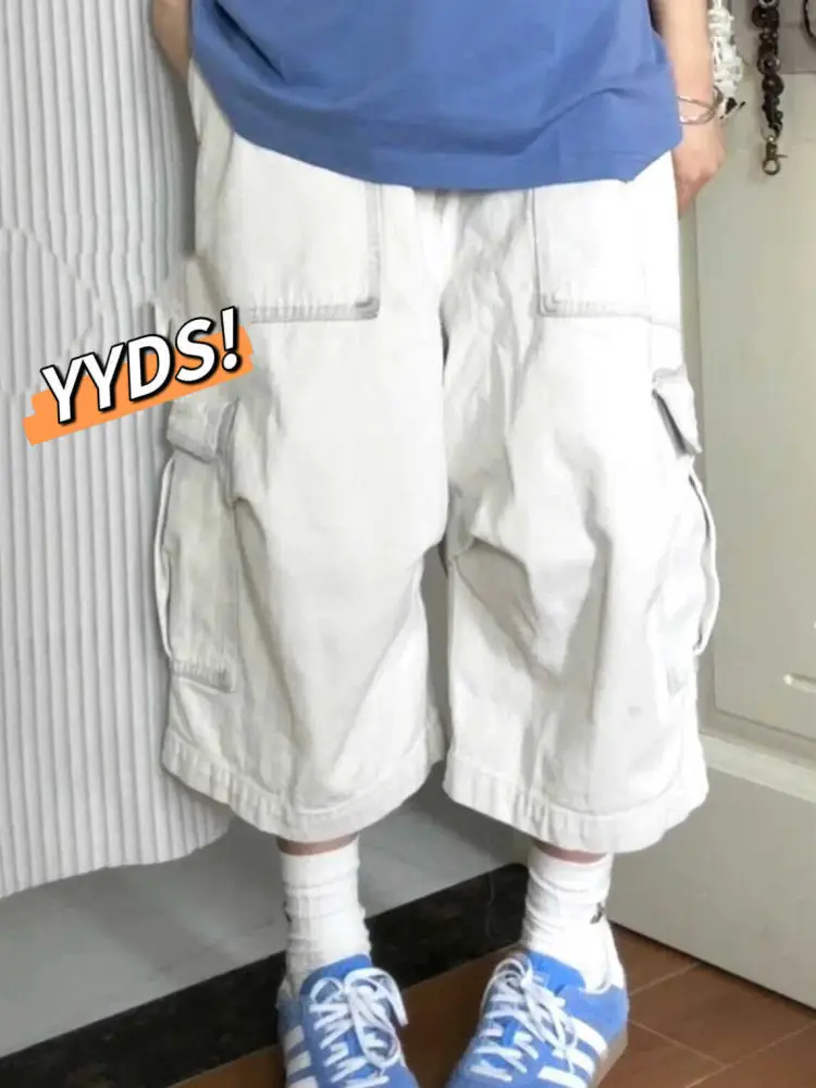 

Retro American White Workwear Seven-Foot Jeans ex Summer High Street Multi-ket Wide-Leg Denim orts Trendy Casual Jeans