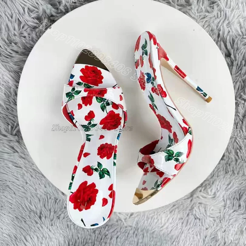 

Red Flower Pattern Stiletto Slippers Open Toe British Style New Summer Open Toe Party Casual Slippers 2024 Zapatos Para Mujere