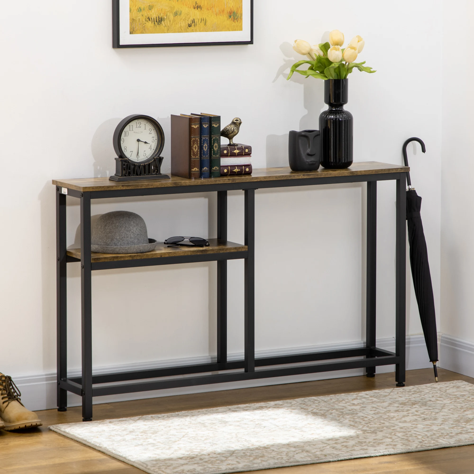 HOMCOM Industrial console table with open shelves 120x23x75 cm Brown