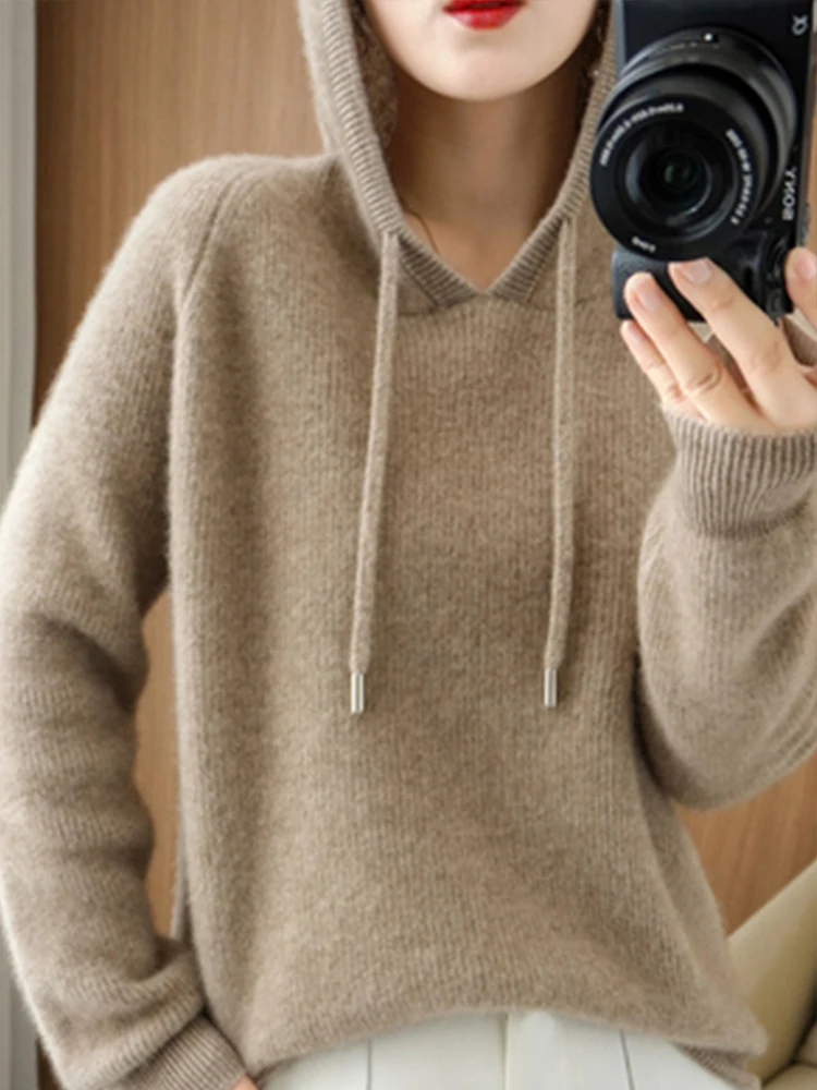 Casual 30% wełna merynosów sweter damski z kapturem damski sweter z dzianiny miękka odzież wierzchnia z długim rękawem jednolity sweter odzież topy wyprzedaż