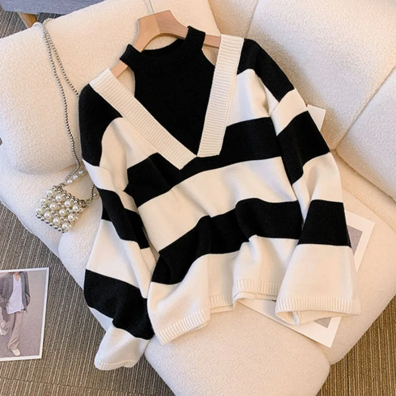 Fake Two Pieces Neck Show Shoulder Striped Women's Autumn 2024 New Long-sleeved Pullover Knitted Sweater Chic Top