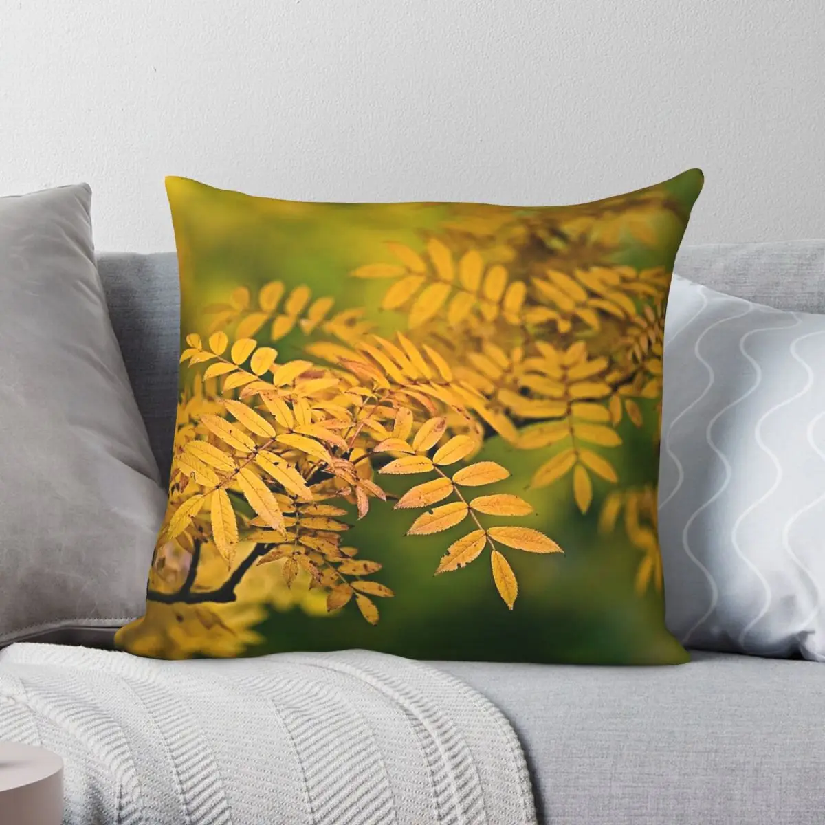 Gold And Green Leaves Pillowcase Polyester Linen Velvet Pattern Zip Decorative Throw Pillow Case Room Cushion Cover 45x45