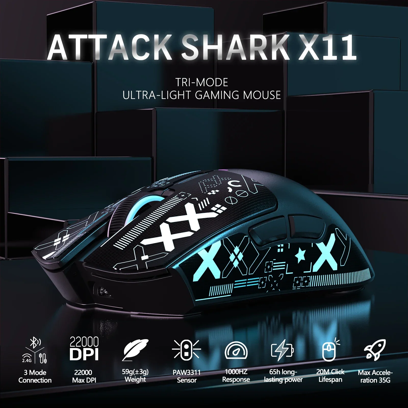 

X11 ATTACK SHARK X11 Беспроводная геймерская мышь с зарядной док-станцией PixArt PAW3311 Игровой датчик 22000 точек на дюйм, беспроводная мышь BT/2.4G