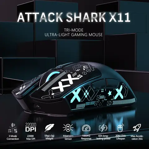 Hot Sale ATTACK SHARK X11 Wireless Gamer Mouse with Charging Dock PixArt PAW3311 Gaming Sensor 22000 DPI, BT/2.4G Wireless Mouse