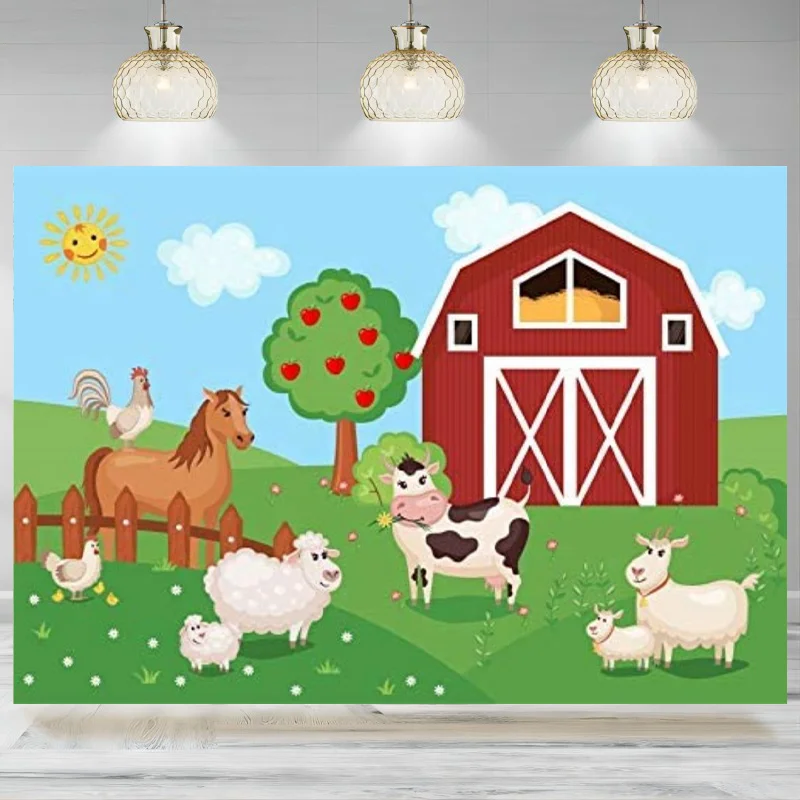 Cartoon Farm Backdrop Red Barn Cute Farm Animals Cow Sheep Horse Green Grass Field Photography Background Party Decor Banner