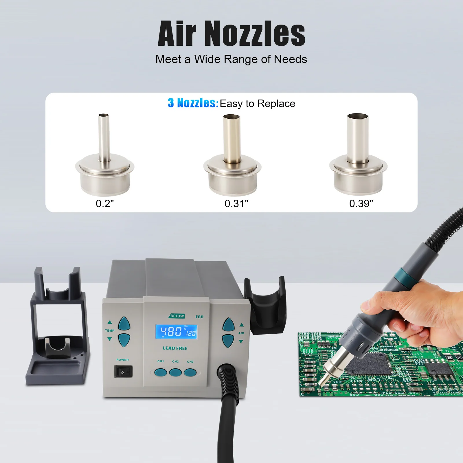 CNCEST AC 110V Digital Hot Air Rework Station, 1000W Hot Air Rework Station with LCD Display & 3* Air Nozzles