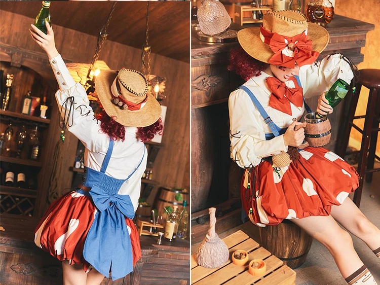 2024 New Spring Summer Cute Red Mushroom Denim Brace Bud Skirt Lolita Girl Women\'s Long Sleeve Shirt 2 Piece Skirt Set