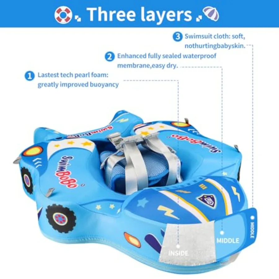 Baby pool floats with canopy, non-inflatable soft skin-friendly fabric, blue and yellow, UV-protective shade and ergonomic supp