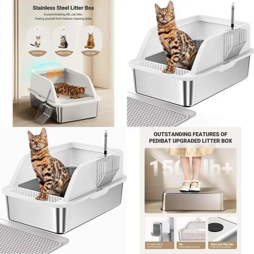 

Large Metal Cat Litter Box with High Sides & Lid for Big Cats, Anti-Leakage, Easy Clean with Mat & Scoop, White