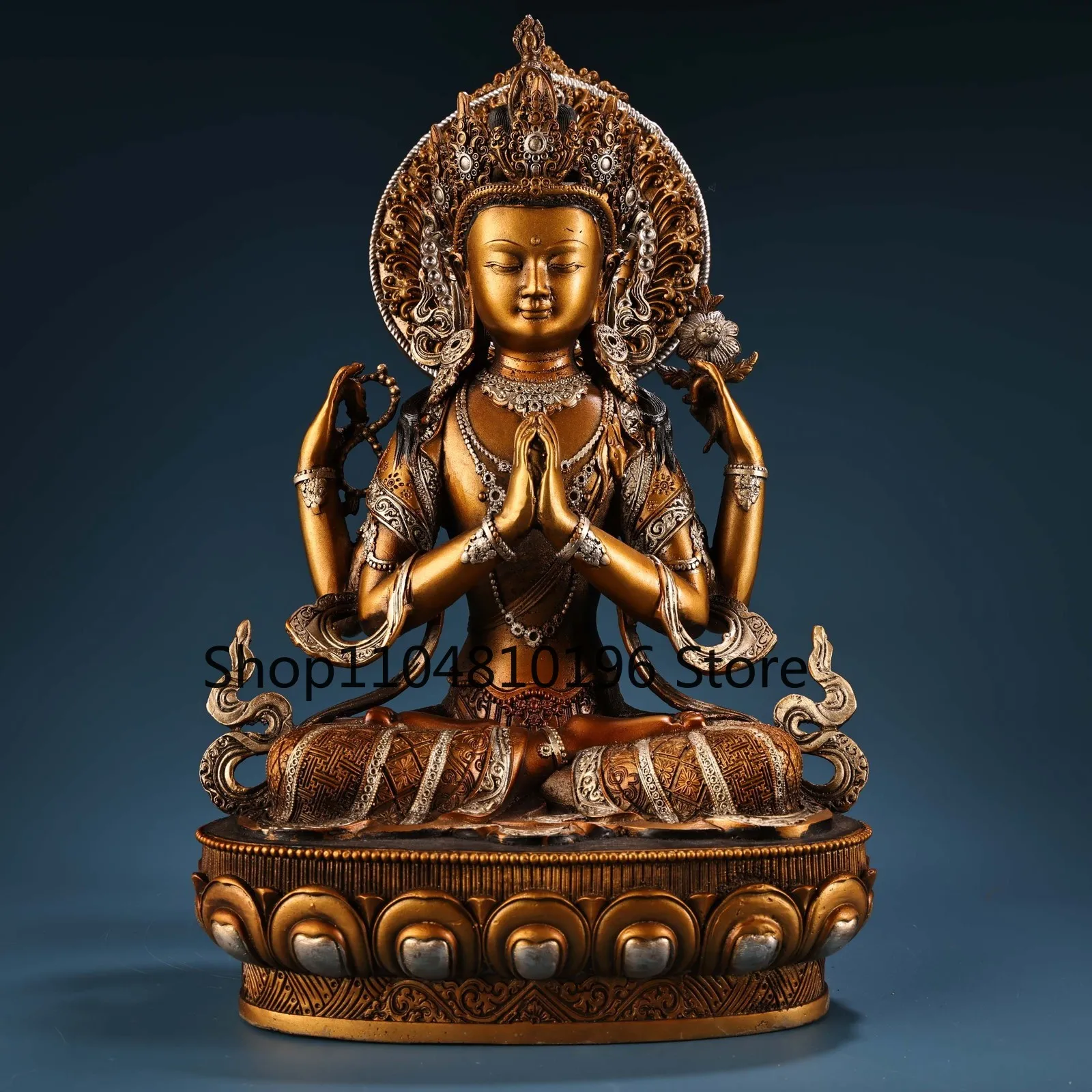 Bronze Gilded Silver Painted Four armed Guanyin Sitting Buddha Lotus Terrace